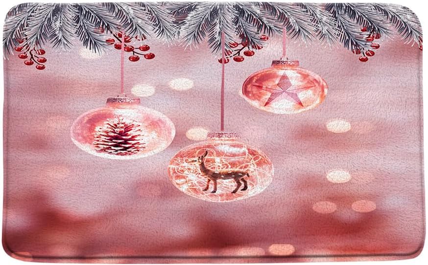 Sunhe Tapete de baño de Navidad para invierno, bola de Navidad, ciervo, alce, gris, pino, rama, baya, estrella, vacaciones de invierno, ensueño,