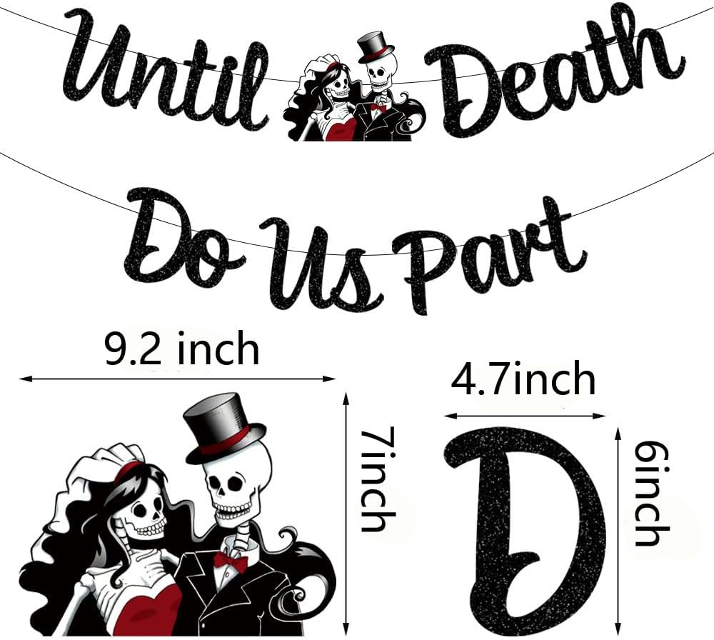 Suministros de fiesta de boda con temática de Halloween, purpurina negra hasta que la muerte nos separe, pancarta hasta que la muerte nos haga