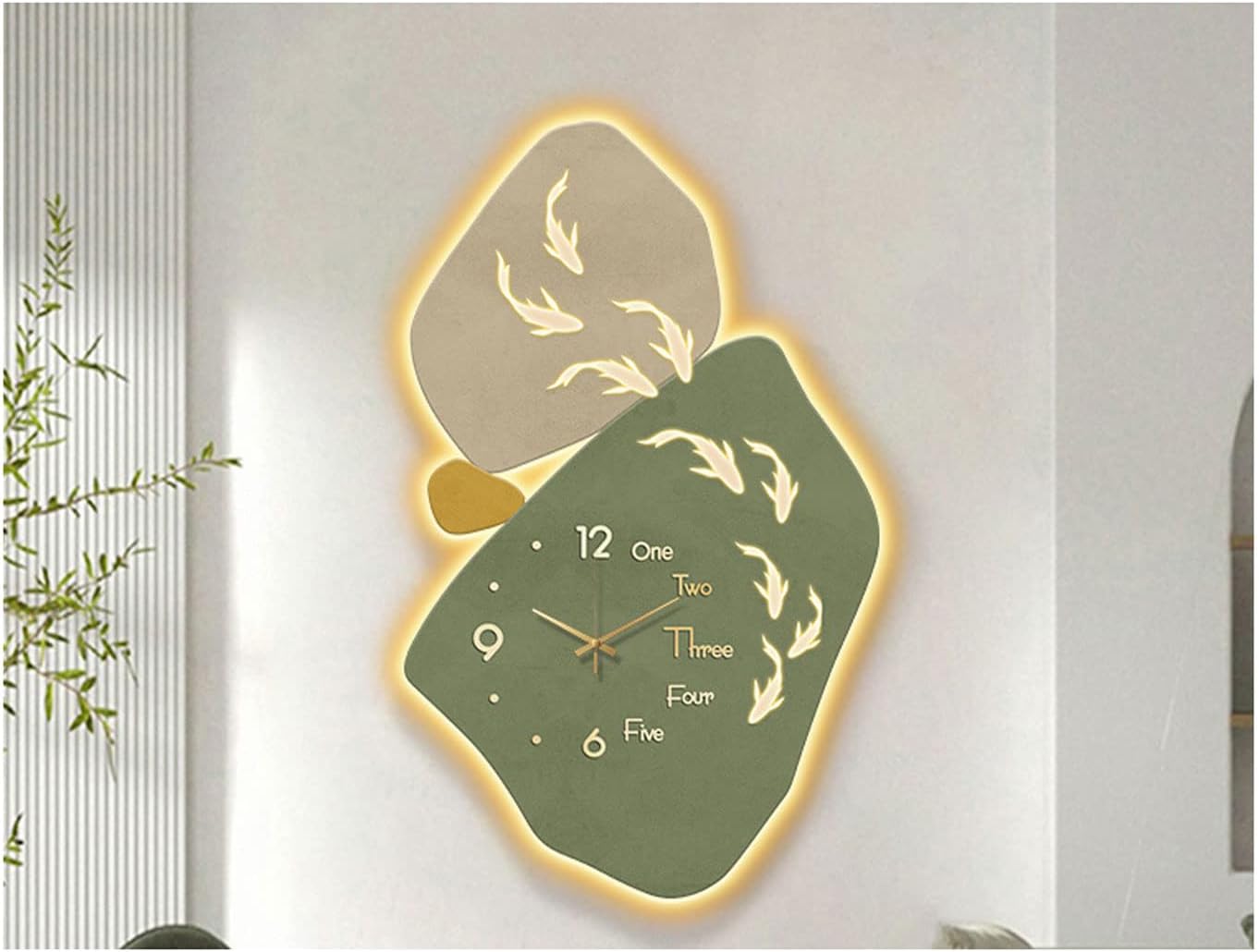 ZAJ Reloj de Pared – Reloj de pared iluminado con luz LED cálida, pintura decorativa, moderno, silencioso, sin tictac, lámpara de pared para
