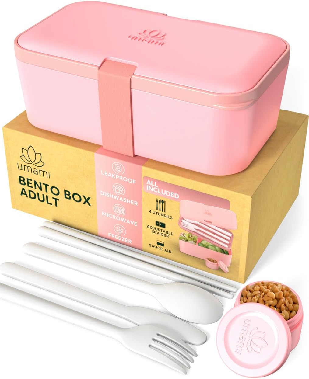 Umami Pequeña caja Bento para adultos que es fácil de limpiar y 100% a prueba de fugas, apta para microondas y lavavajillas, ideal para almuerzos
