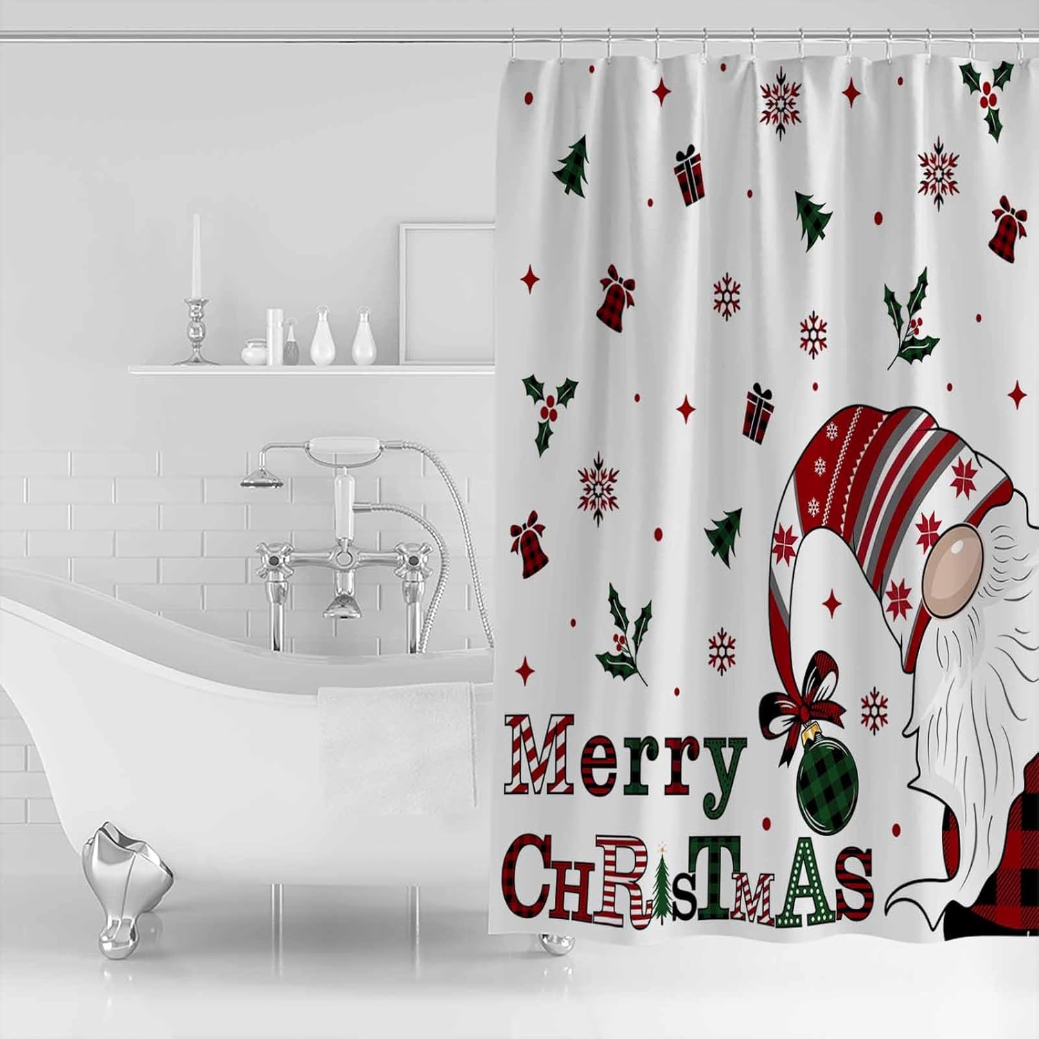 zzsunfeel Juego de cortinas de ducha impermeables con 12 ganchos, caja de regalo de gnomo de Feliz Navidad, campana, copos de nieve, bayas, 72 x 72