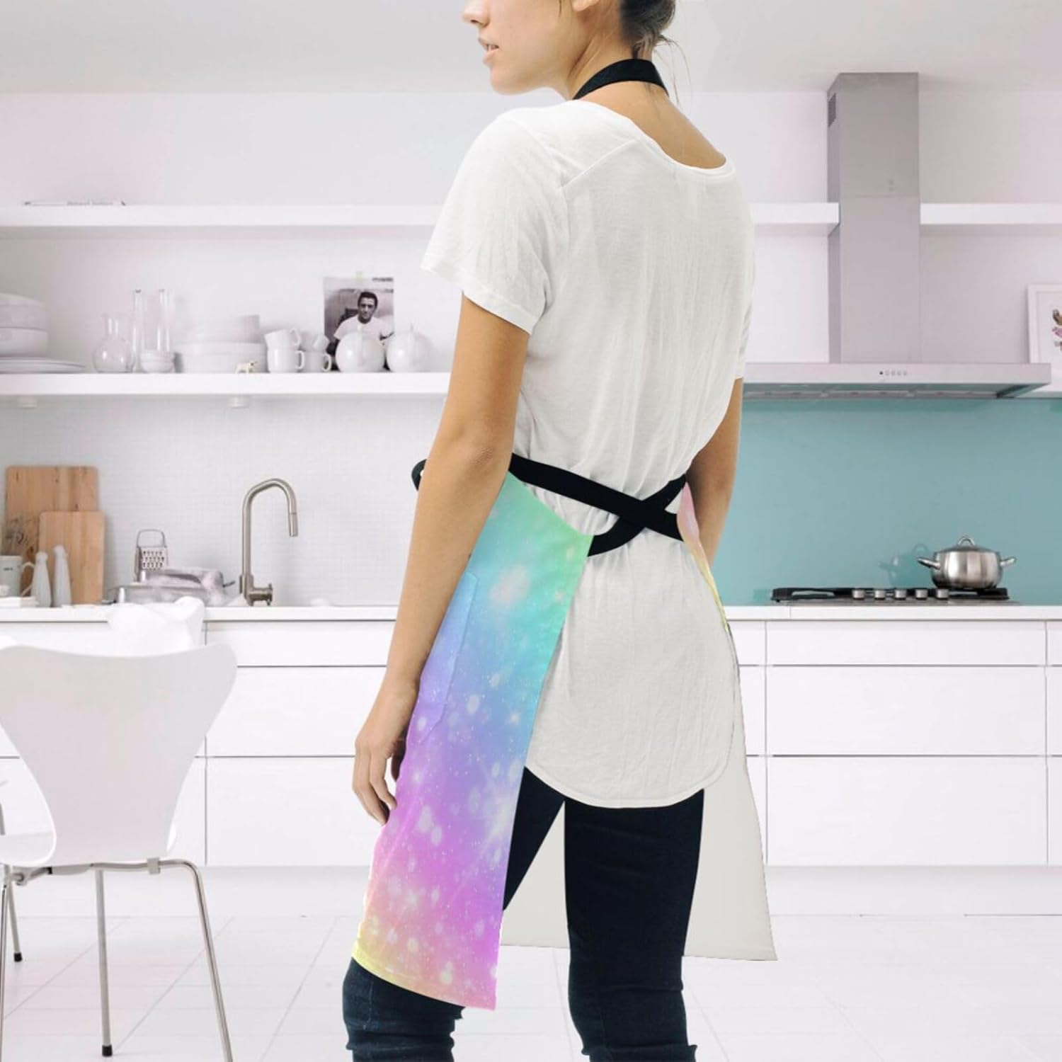 RPLIFE Delantal de cocina para mujer, diseño de arco iris con purpurina y bolsillos, delantal de chef impermeable, delantal de peluquería
