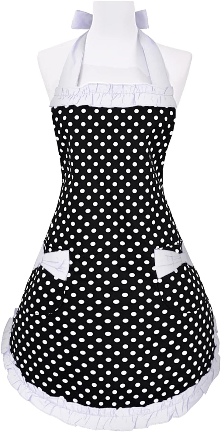 Delantales retro lindos para mujer con bolsillo, delantales vintage de lunares blancos para niñas, delantal con volantes para mujer, delantal de
