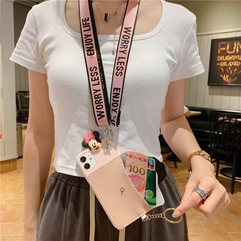 Funda para iPhone 15 Pro Max, diseño de cachorro Minnie Mouse con bonito soporte para tarjetas de dibujos animados, cuerda oblicua de TPU suave,