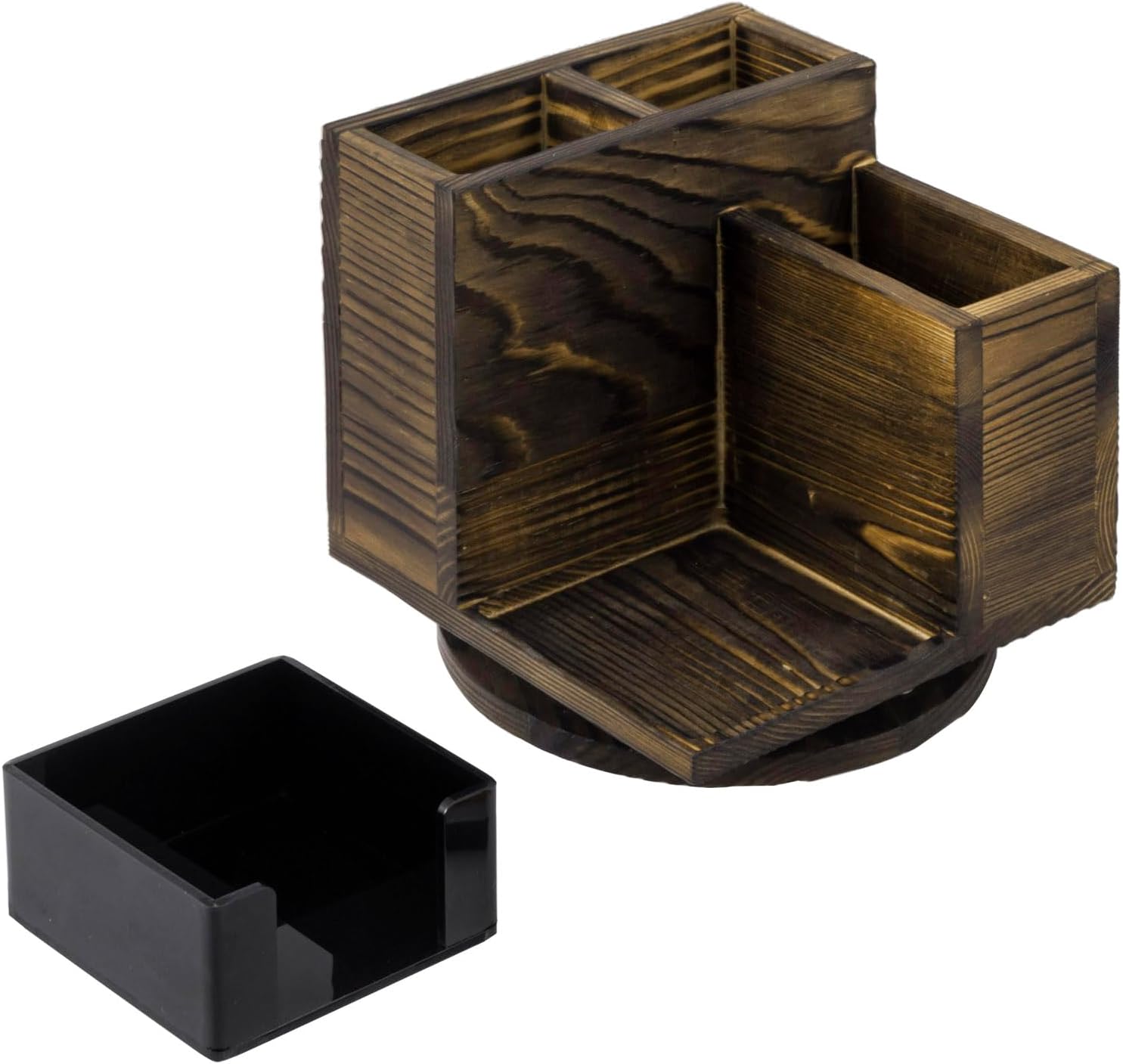 MyGift Organizador moderno de escritorio de oficina de 4 compartimentos en madera maciza quemada rústica con soporte adhesivo acrílico negro y base
