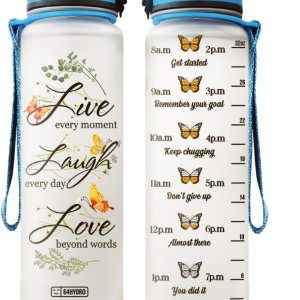 64HYDRO Botella de agua motivacional de 32 onzas con marcador de tiempo, Butterfly Lover Live Every Moment Laugh Every Day Love Beyond Word 64HYDRO Botella de agua motivacional de 32 onzas con marcador de tiempo, Butterfly Lover Live Every Moment Laugh Every Day Love Beyond Word