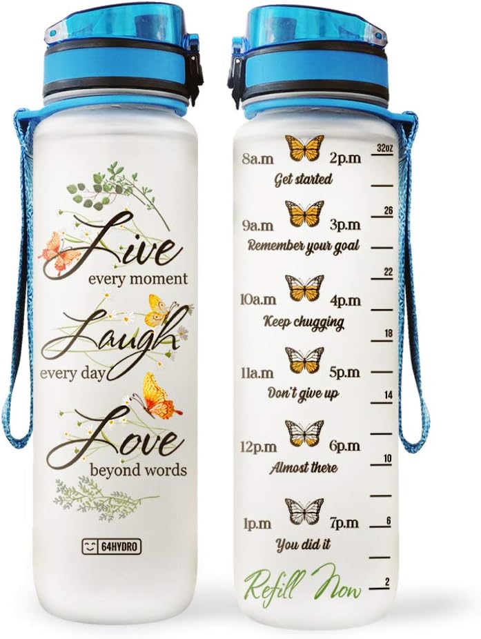 64HYDRO Botella de agua motivacional de 32 onzas con marcador de tiempo, Butterfly Lover Live Every Moment Laugh Every Day Love Beyond Word