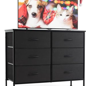 Sweetcrispy Cómoda de tela con 6 cajones – Almacenamiento para dormitorio con soporte de TV Sweetcrispy Cómoda de tela con 6 cajones – Almacenamiento para dormitorio con soporte de TV
