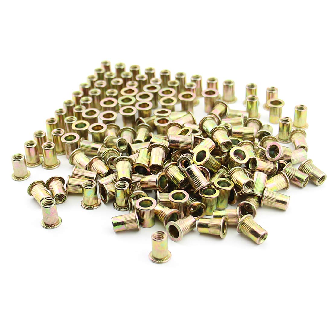 100 tuercas remachadoras de 14″ – 20 UNC, acero al carbono con acabado chapado en zinc, tuercas roscadas de cabeza plana