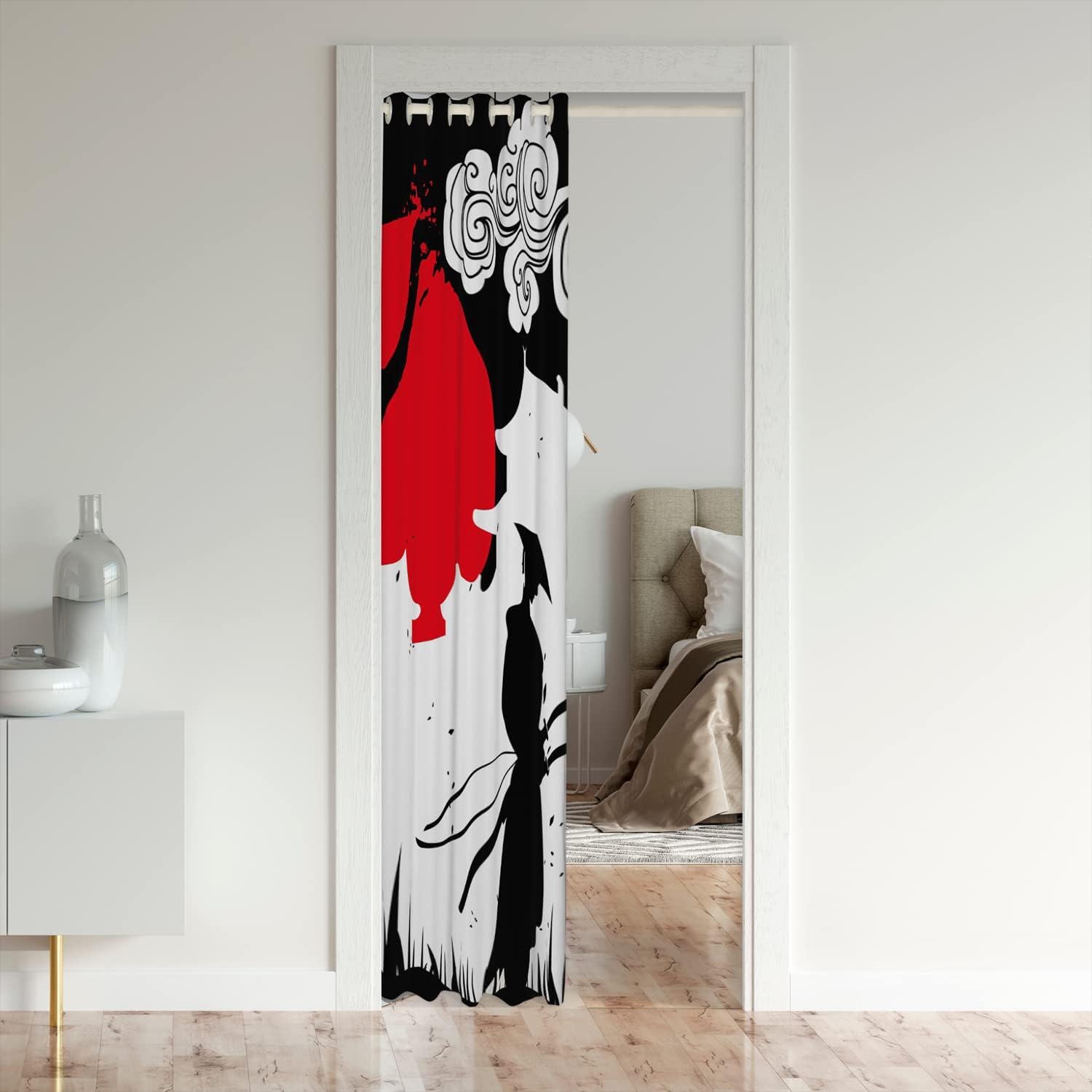 Erosebridal Samurai – Cortina opaca con estampado de puesta de sol, cortina de puerta japonesa, silueta de edificio, transpirable, cortina japonesa