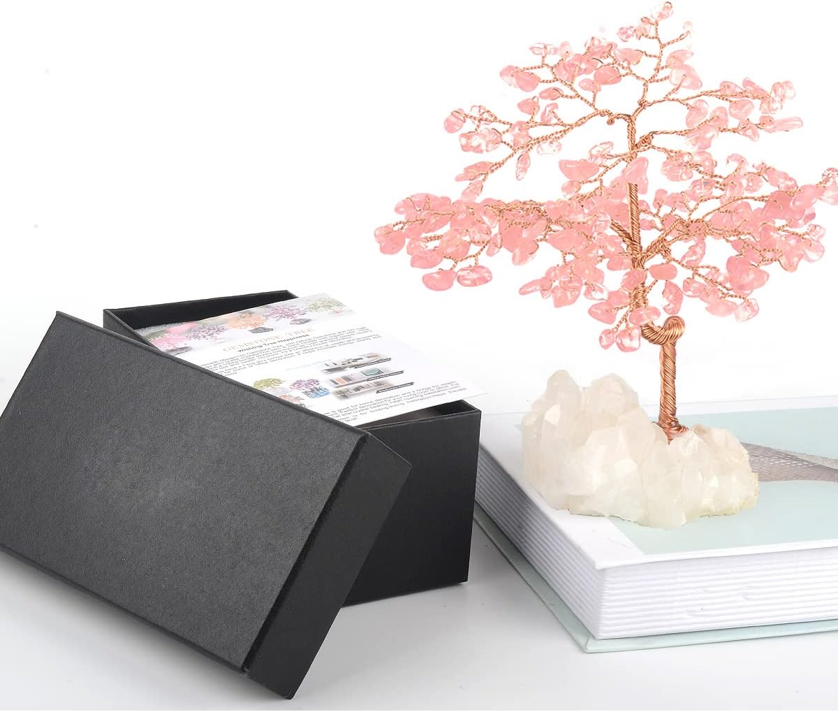 MASGEMES Gemstone Crystal Tree of Life,Natural Rose Quartz Clear Quartz Cluster Base,Healing Crystal Positive Energy Bonsai Feng Shui Money Tree