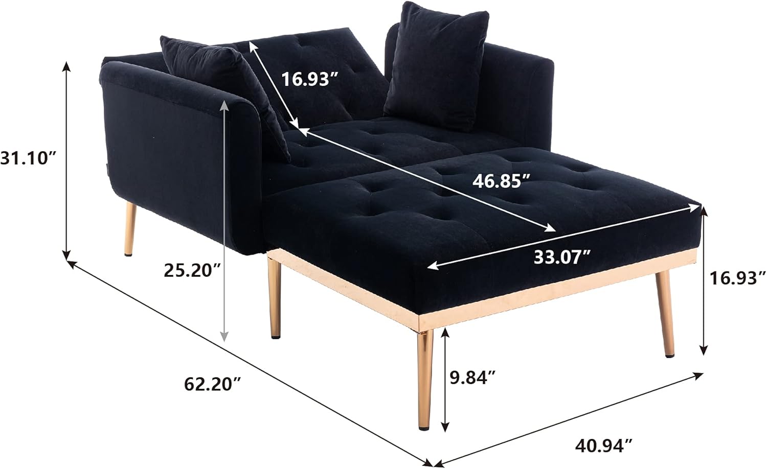 HomSof Sofá cama de terciopelo con respaldo ajustable y acolchado grueso, silla reclinable convertible con patas de metal dorado rosa