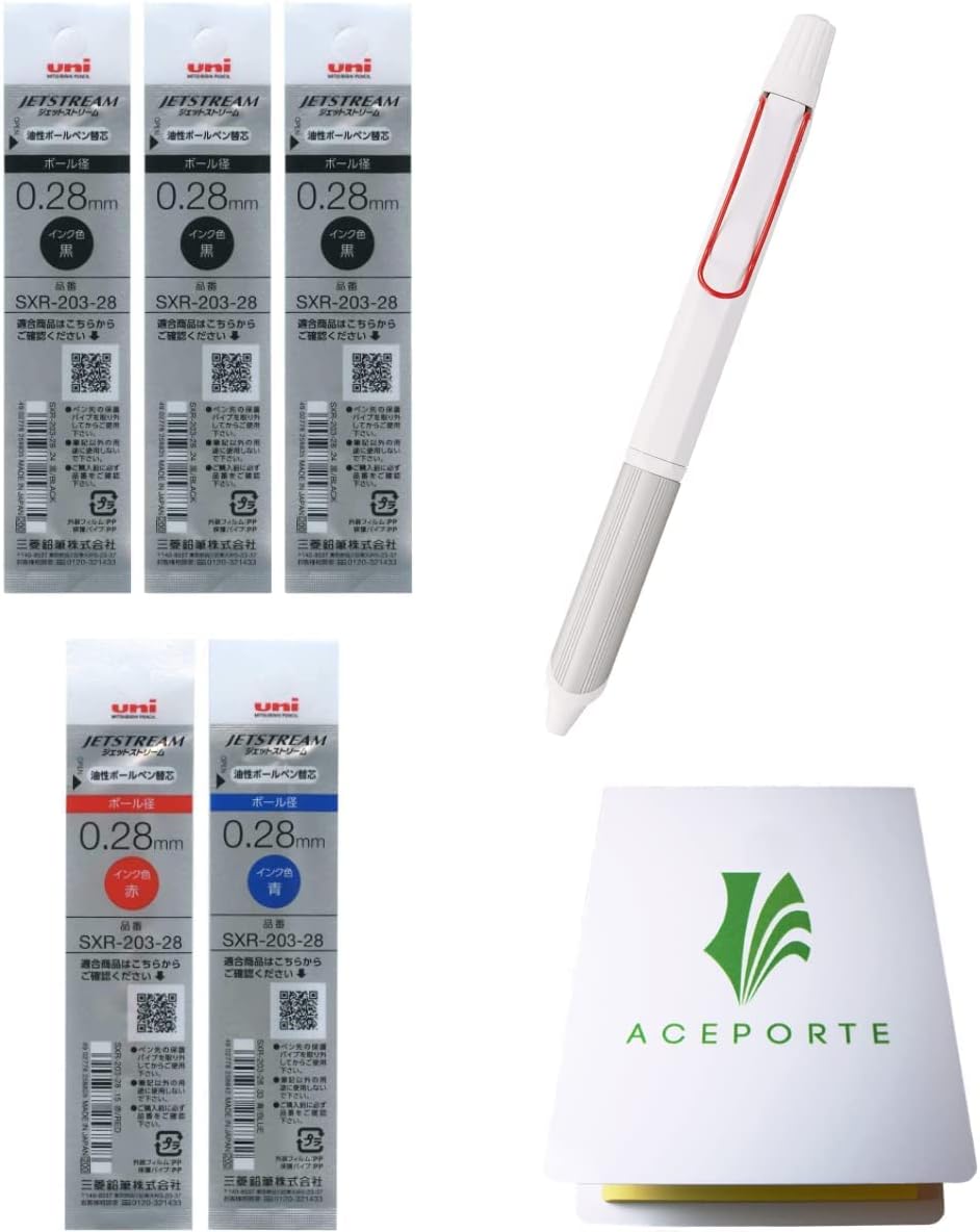 Uni Jetstream EDGE3 – Bolígrafo a base de aceite de 0.011 in, cuerpo blanco y rojo + repuestos negrorojoazul, juego de notas adhesivas