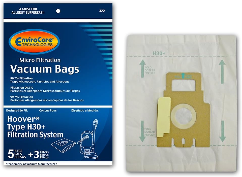 EnviroCare Bolsas de repuesto para aspiradora de microfiltración diseñadas para adaptarse a recipientes Hoover H30+, 5 bolsas y 3 filtros