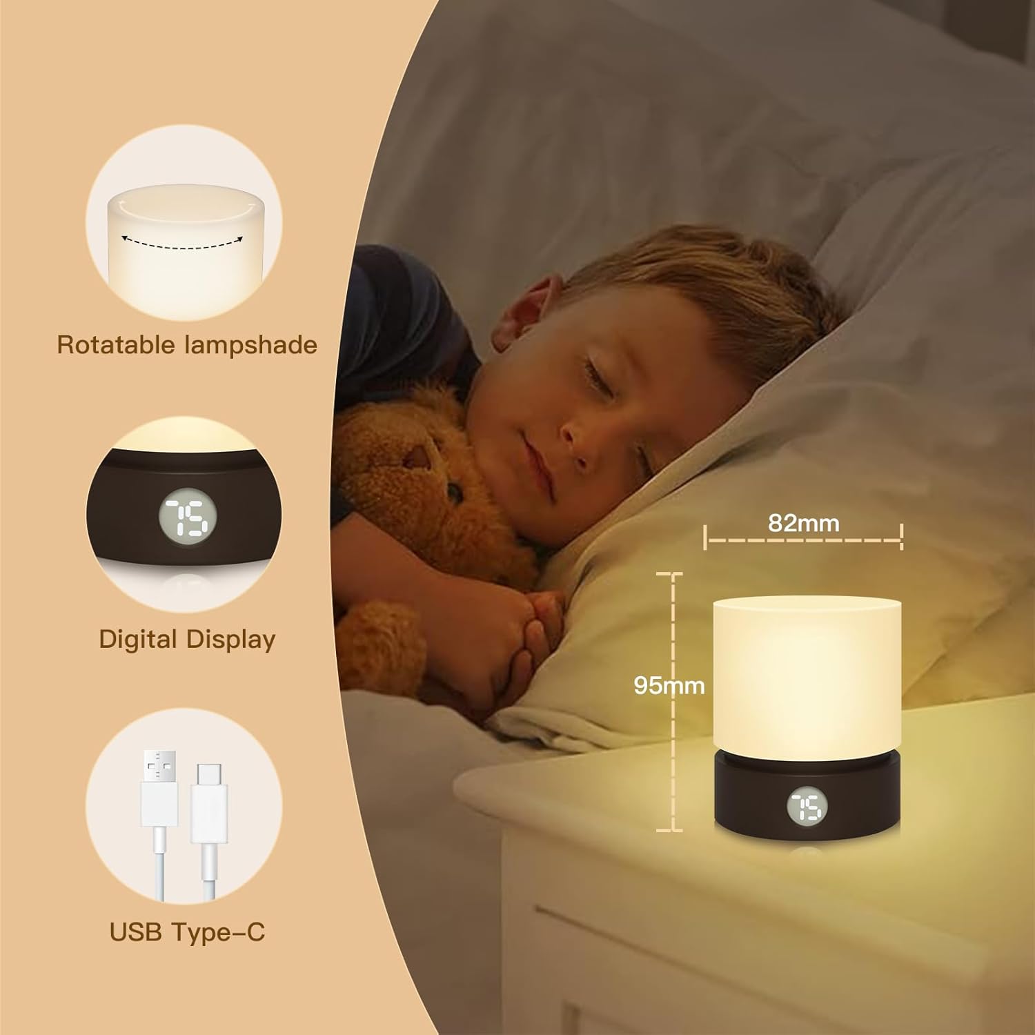 Lámpara de mesa pequeña, luz nocturna portátil regulable con temporizador para niños, luz LED cálida de 3000 K, lámparas de noche pequeñas para
