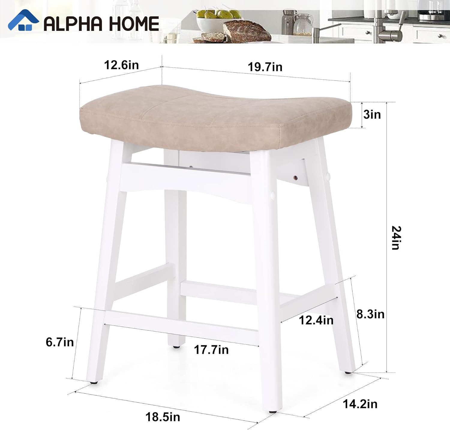 ALPHA HOME Juego de 4 taburetes de bar, taburetes de cocina de madera maciza con cojín de piel sintética beige, taburetes de bar con base de madera