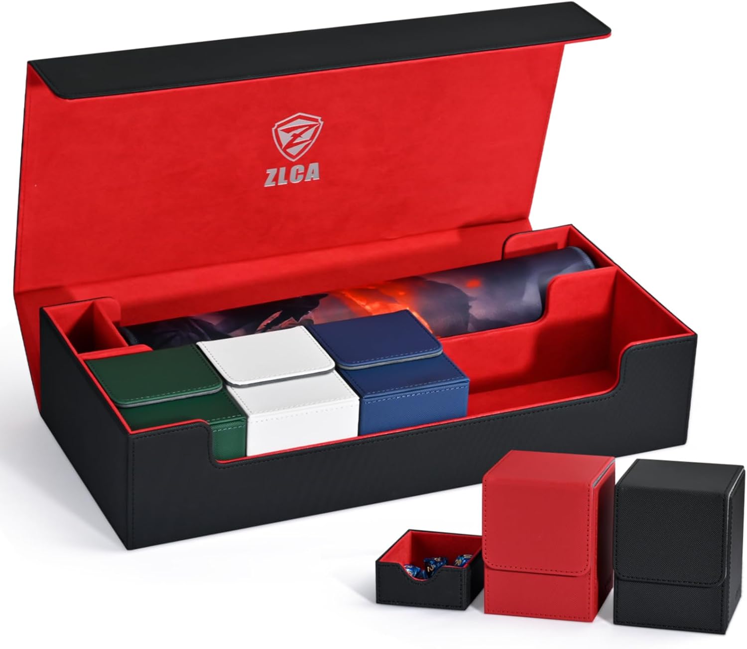 Caja de cartas con tapete de juego para MTG TCG, caja de almacenamiento de tarjetas grande con 5 cajas de cubierta con capacidad para más de 2400