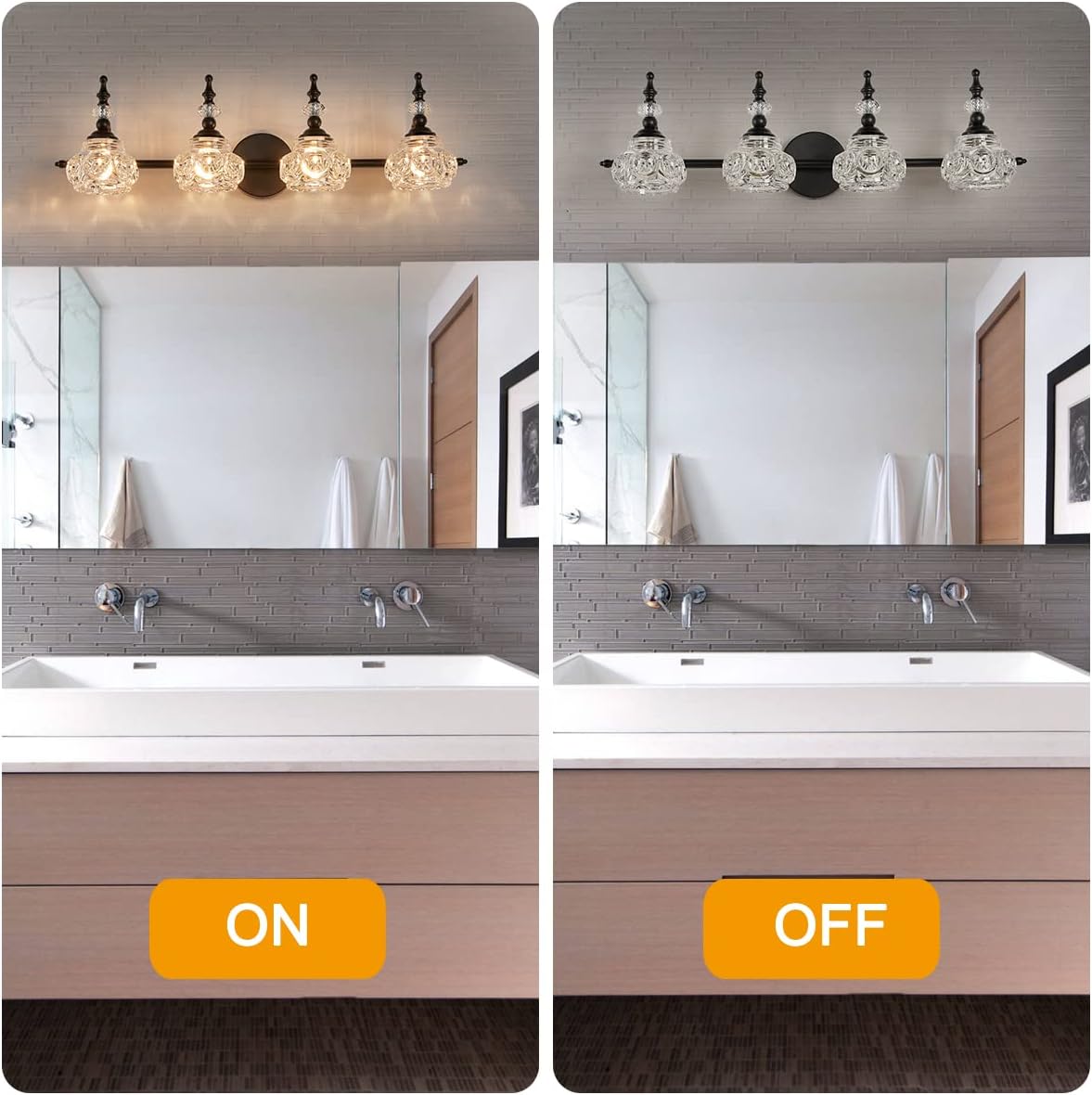 Lámpara de tocador de 4 luces, iluminación de baño, superficie negra pintada con pantalla de cristal grueso, luz de tocador vintage para baño