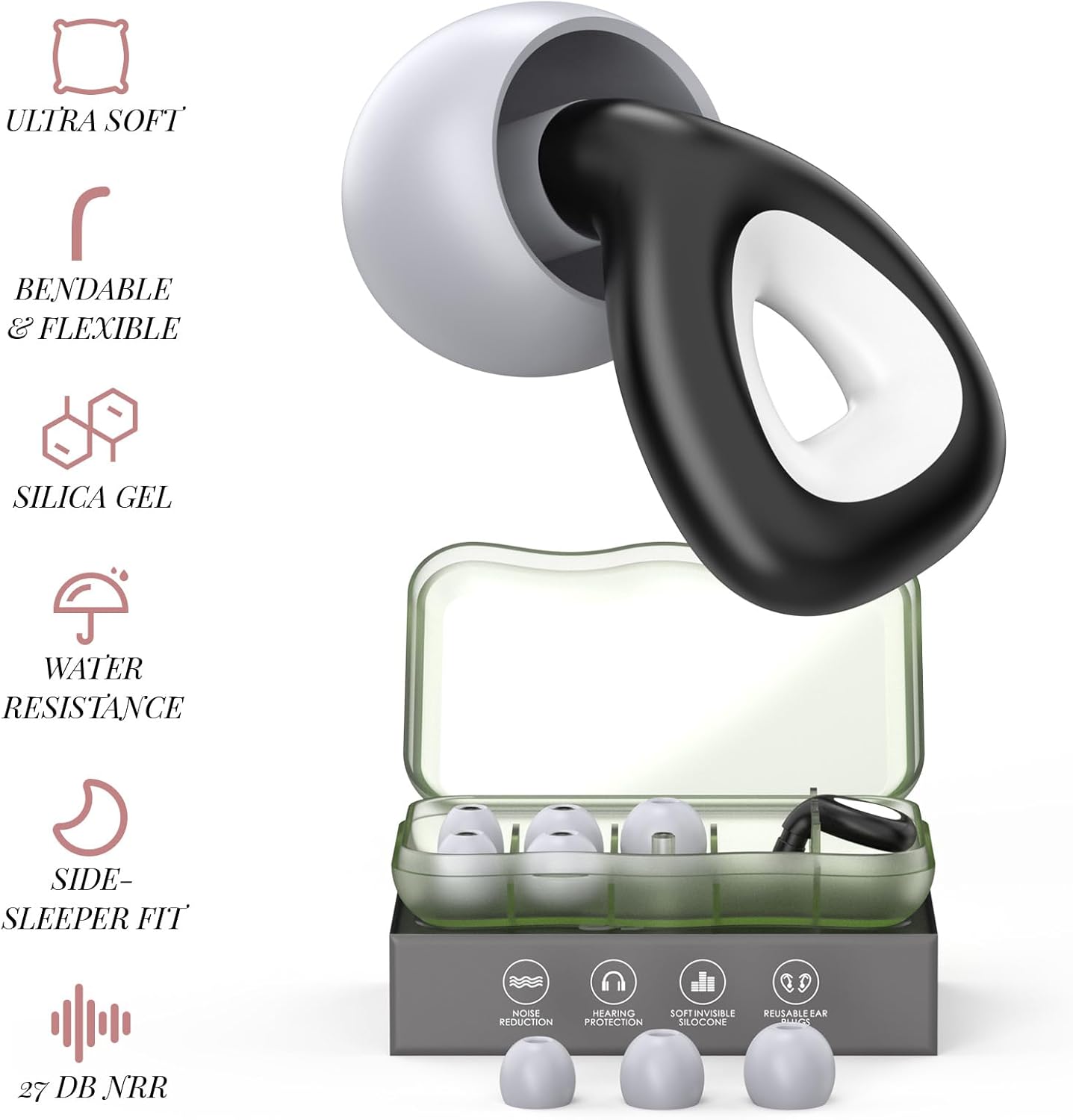 bucolico NRR – Tapones para los oídos de silicona reutilizables con cancelación de ruido para dormir, 27 dB, con estuche de almacenamiento compacto