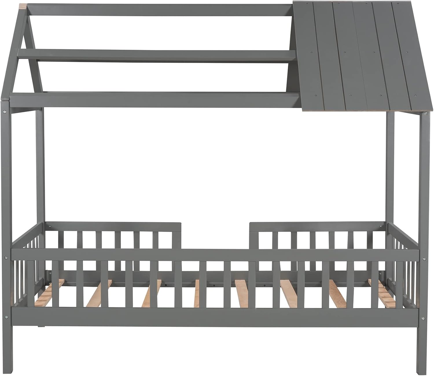 SOFTSEA Cama de casa individual con valla para niños y niñas, marco de cama de madera, muebles de dormitorio, gris