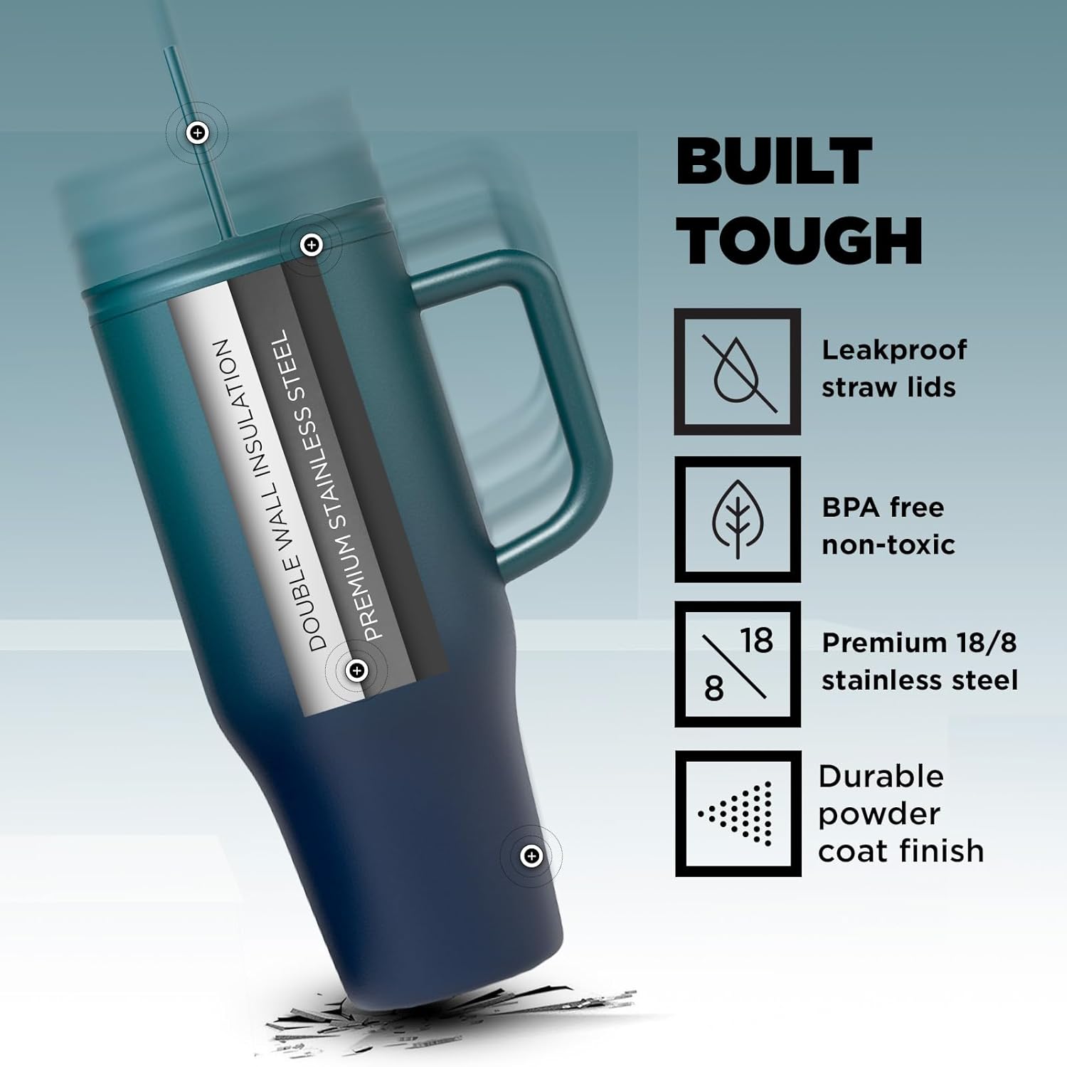 IRON FLASK Co-Pilot – Vaso aislado con popote y tapas abatibles, botella portavasos, para bebidas calientes y frías, a prueba de fugas, agua, taza
