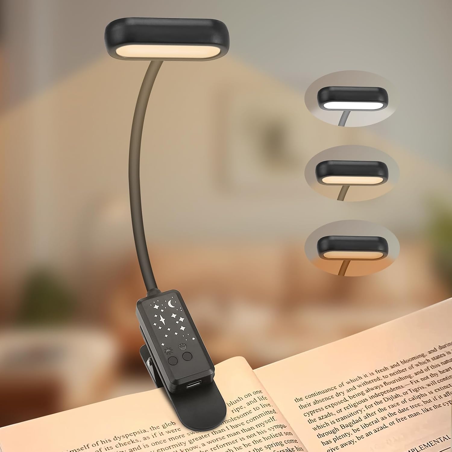 Luz de libro para leer en la cama, luz de lectura LED recargable, pequeña luz ligera de lectura de libros, 3 colores y 5 brillo, luz de lectura para