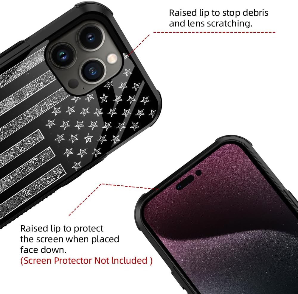 Funda compatible con iPhone 15, funda de bandera estadounidense gris oscuro para iPhone 15 para hombres y niños, diseño de vidrio orgánico, a prueba