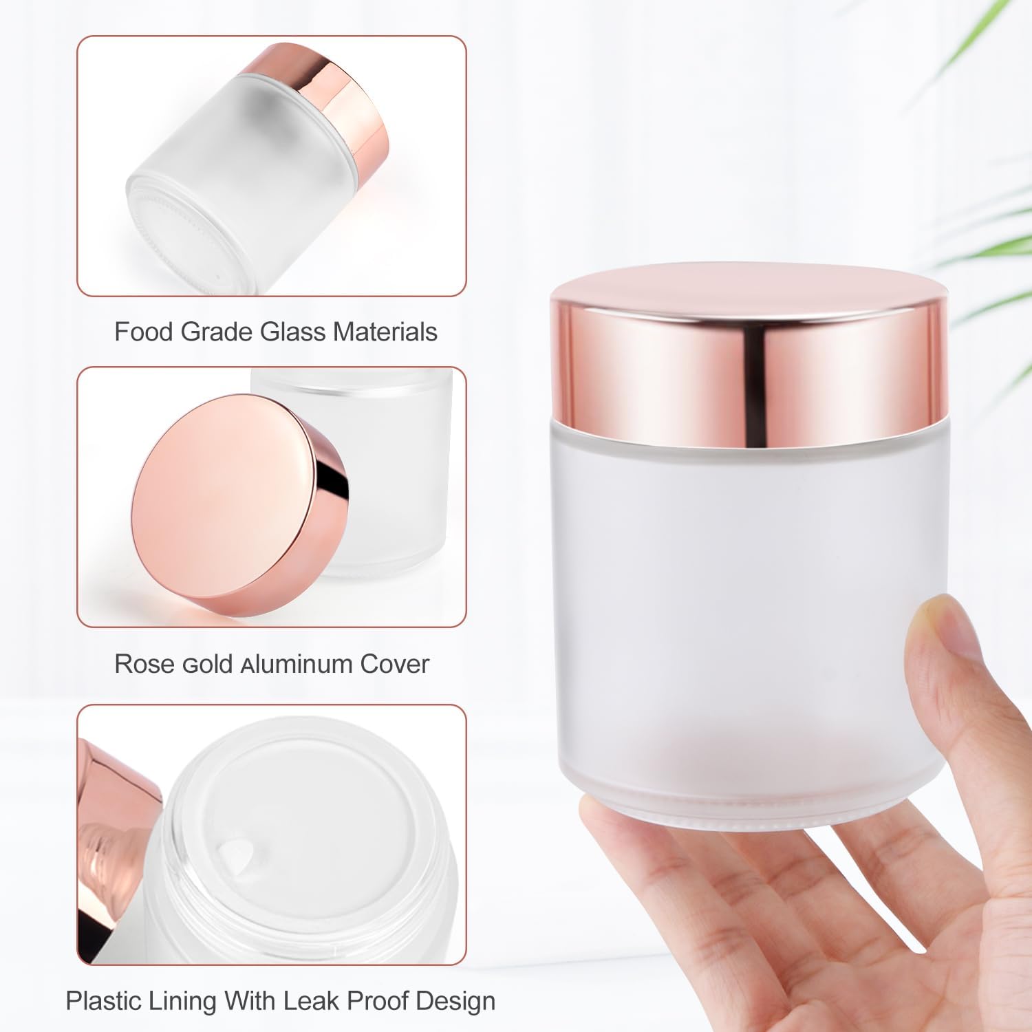 Paquete de 6 frascos redondos de vidrio blanco esmerilado de 8 onzas, tarros de vidrio vacíos para cosméticos con tapas de oro rosa, forros