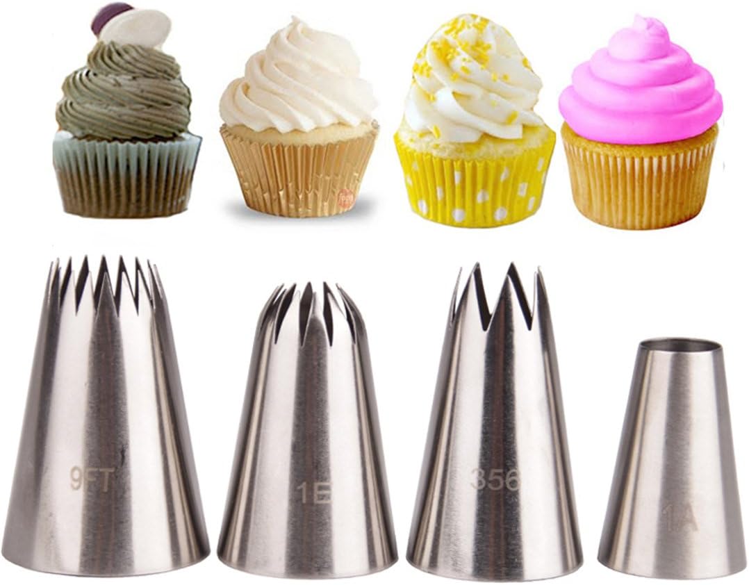 Meao Juego de 4 puntas grandes para tuberías  Kit de boquillas de acero inoxidable para pastelería, cupcakes, pasteles, galletas, decoración #4