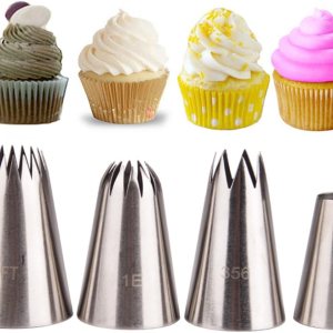 Meao Juego de 4 puntas grandes para tuberías  Kit de boquillas de acero inoxidable para pastelería, cupcakes, pasteles, galletas, decoración #4 Meao Juego de 4 puntas grandes para tuberías  Kit de boquillas de acero inoxidable para pastelería, cupcakes, pasteles, galletas, decoración #4