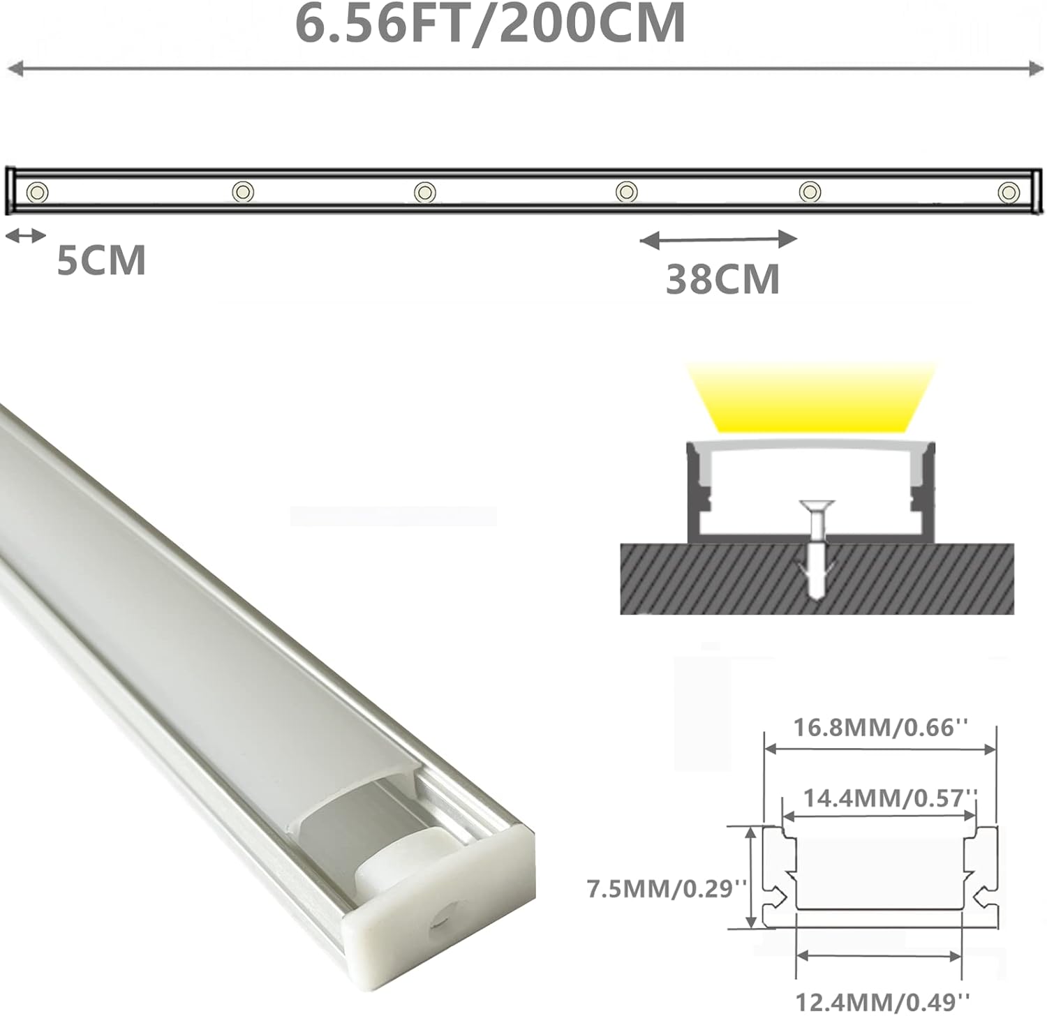 THMOOTHER Difusor de canal LED en forma de U de 6.56 pies preperforado, paquete de 8 perfiles de aluminio con cubierta lechosa, montaje en
