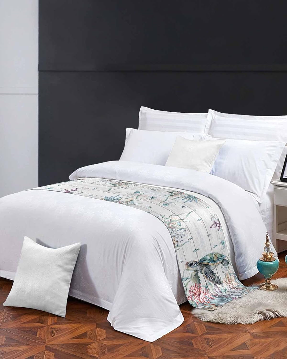 Camino de cama para cama tamaño Queen, manta de tortuga marina para pie de cama, manta vintage de verano para playa, costera costera, coral, océano,