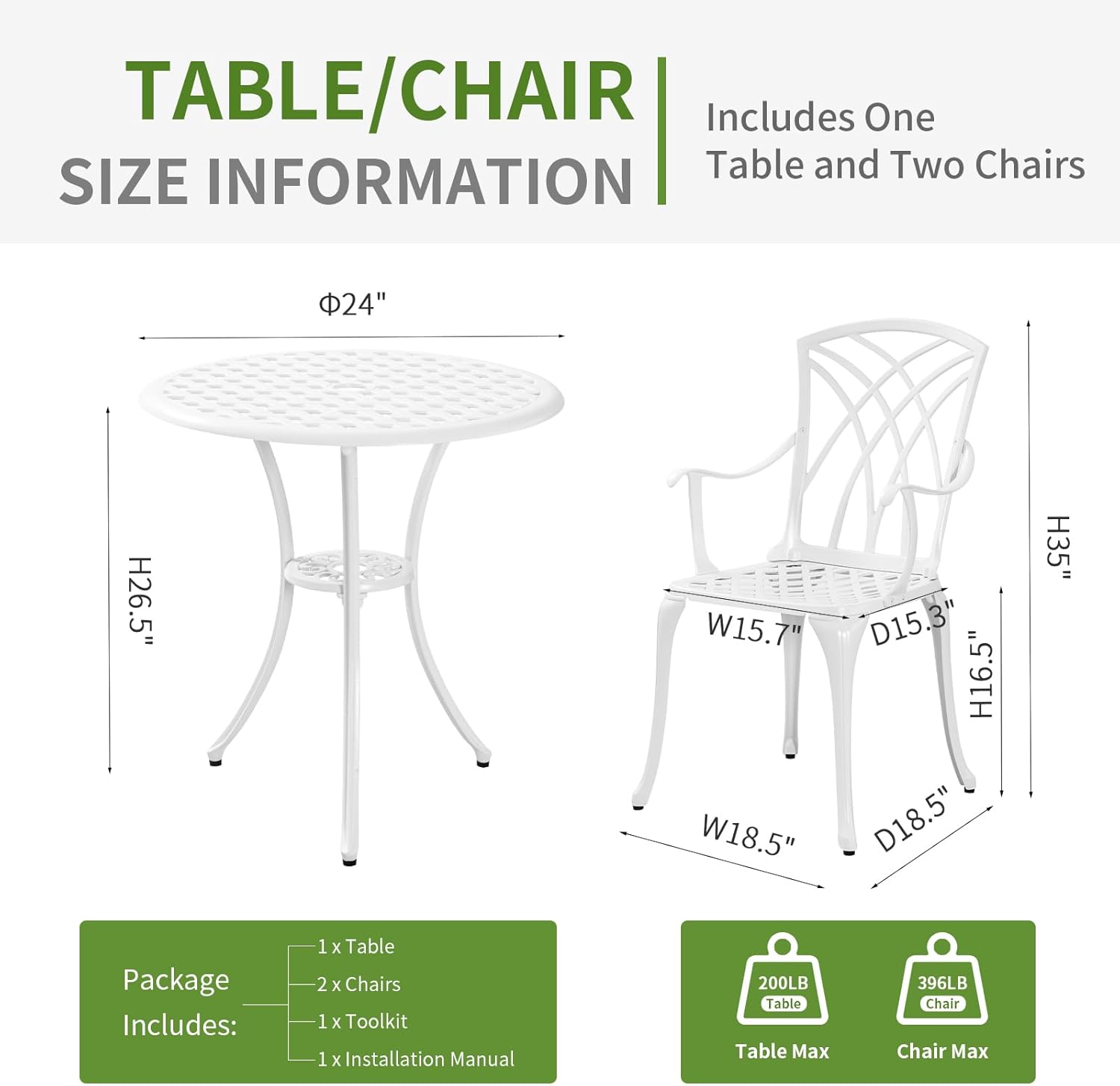 PATIO-IN Juego de 3 piezas para patio bistró con agujero para paraguas, mesa y sillas de bistró al aire libre, muebles de aluminio fundido para el