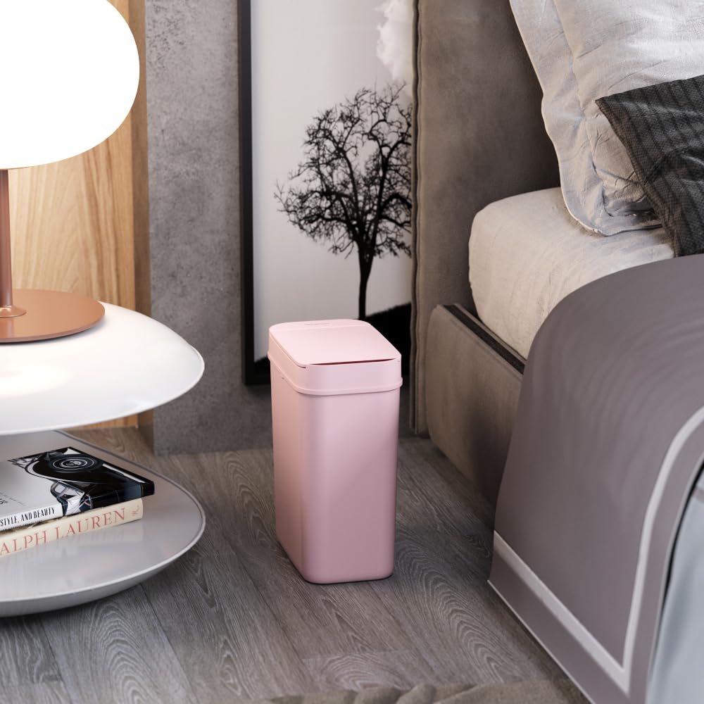 iTouchless Cubo de basura de baño rosa con sensor de 3 galones, 10 litros, delgado, sin contacto, pequeño, automático, con tapa, estrecho control de