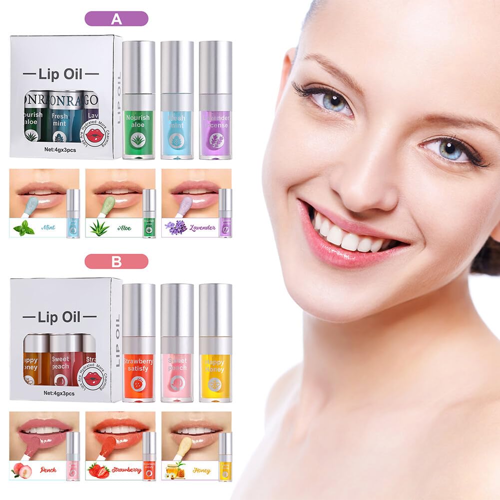 Juego de 3 aceites hidratantes para labios, aceite hidratante para labios, brillo labial, transparente, sin pegajoso, bálsamo labial, cuidado de
