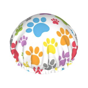 Gorro de ducha reutilizable con estampado de patas de perro para mujer, pelo largo, doble capa impermeable, gorro de ducha para niños, niñas y Gorro de ducha reutilizable con estampado de patas de perro para mujer, pelo largo, doble capa impermeable, gorro de ducha para niños, niñas y