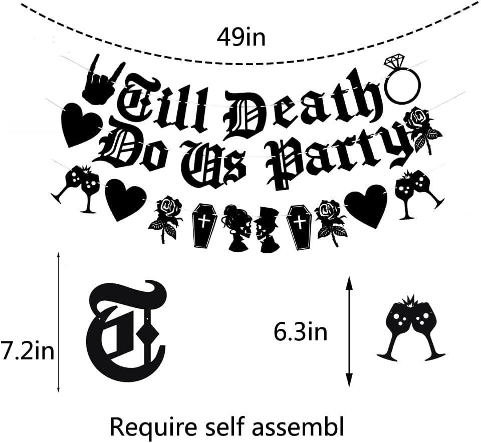 Cartel de fiesta Black Till Death Do Us, cartel de fiesta en inglés antiguo, pancarta de fiesta de boda de Halloween, boda, despedida de soltera,