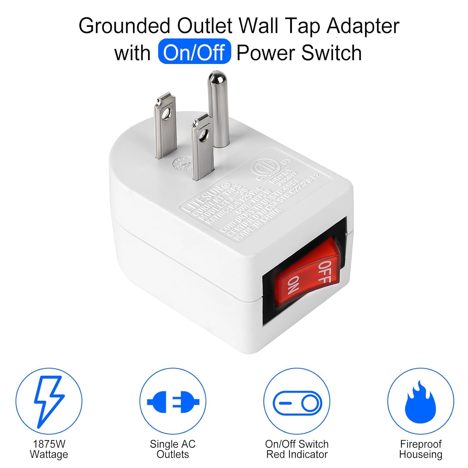 Toma de tierra con interruptor de encendido y apagado (paquete de 4), interruptor de salida de adaptador de corriente individual 15A 1875W3 clavijas