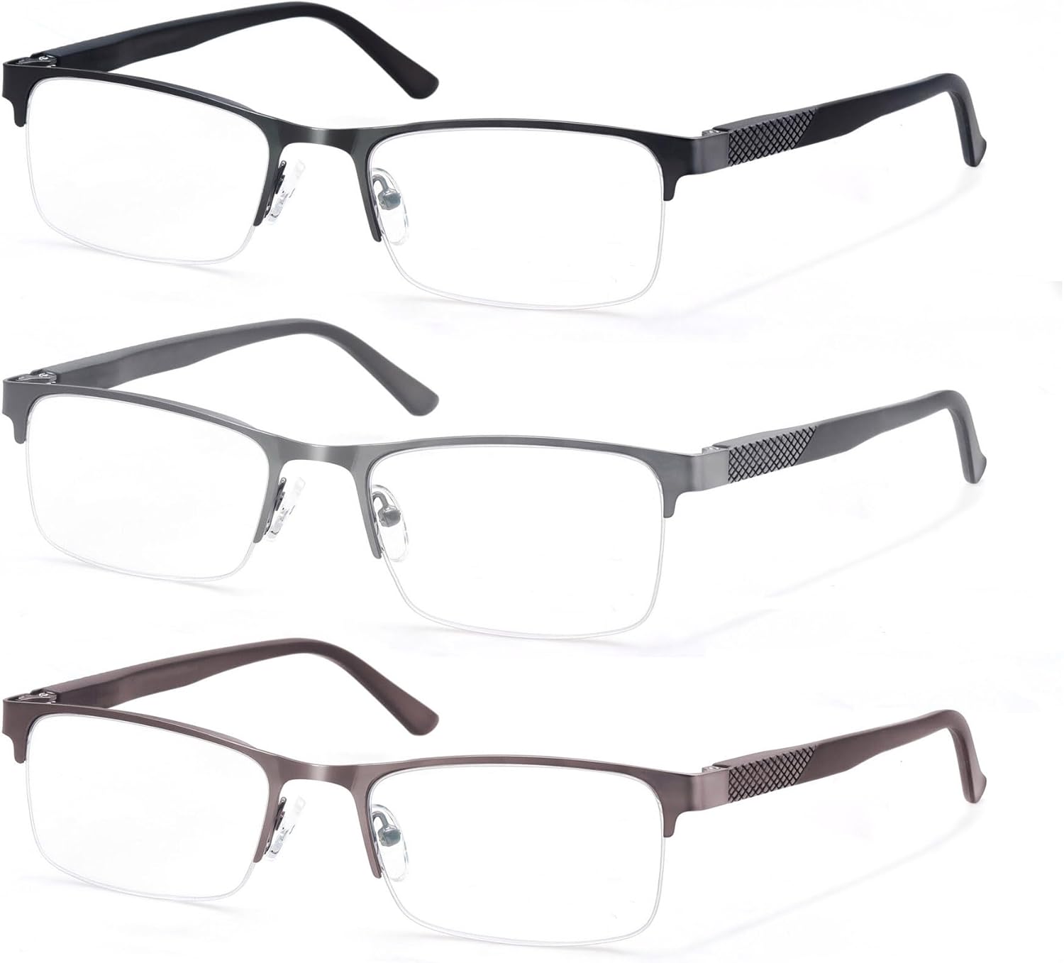 Gafas de lectura para hombre, con bloqueo de luz azul, rectangulares, de medio marco, de metal, con bisagra de resorte, paquete de 3