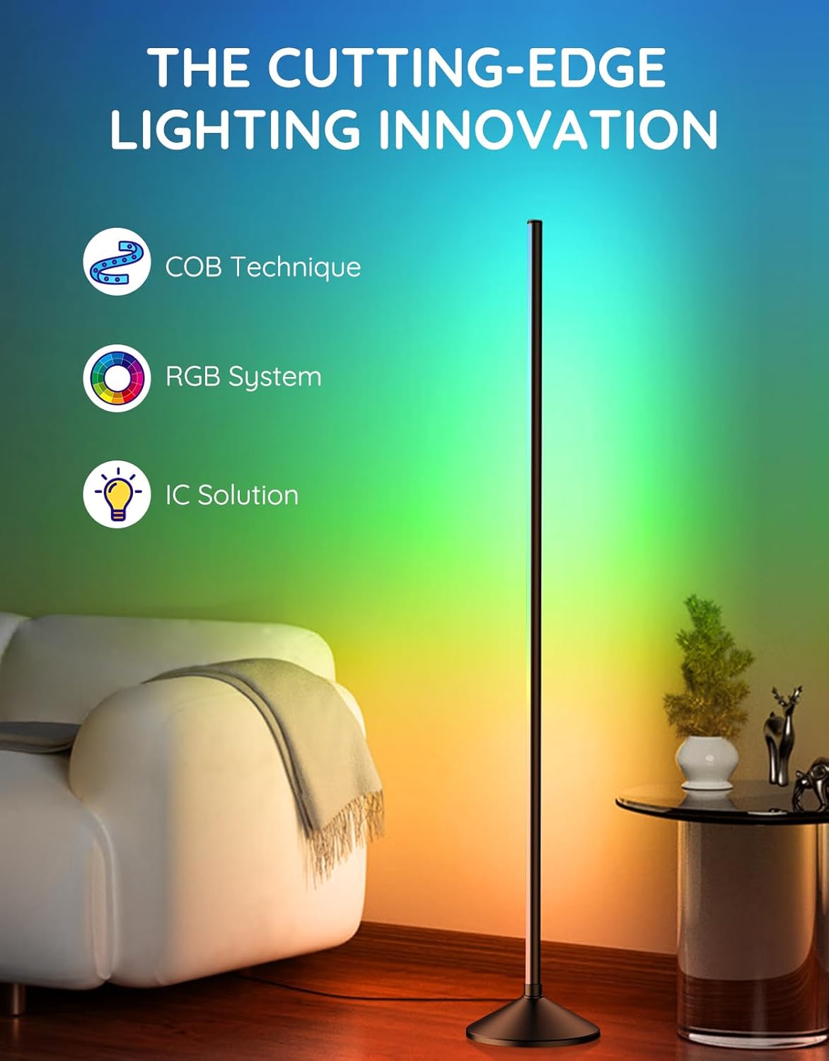Lámpara de pie LED, lámpara de esquina RGB inteligente con control de aplicación, lámpara de pie moderna con sincronización de música, 16 millones