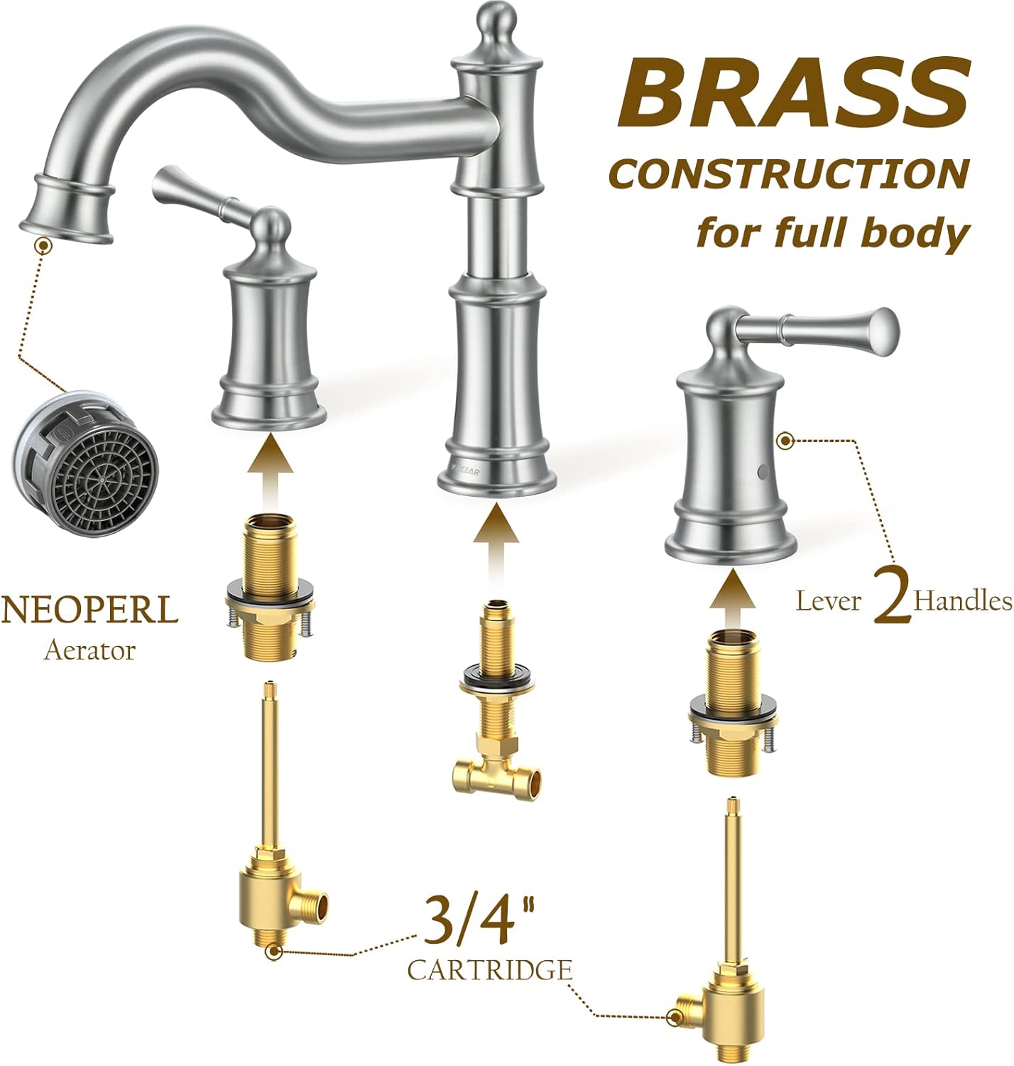Grifo romano para bañera de montaje en cubierta para baño, boquilla clásica elegante y generalizada con 3 agujeros, cartucho de válvula de 2 manijas
