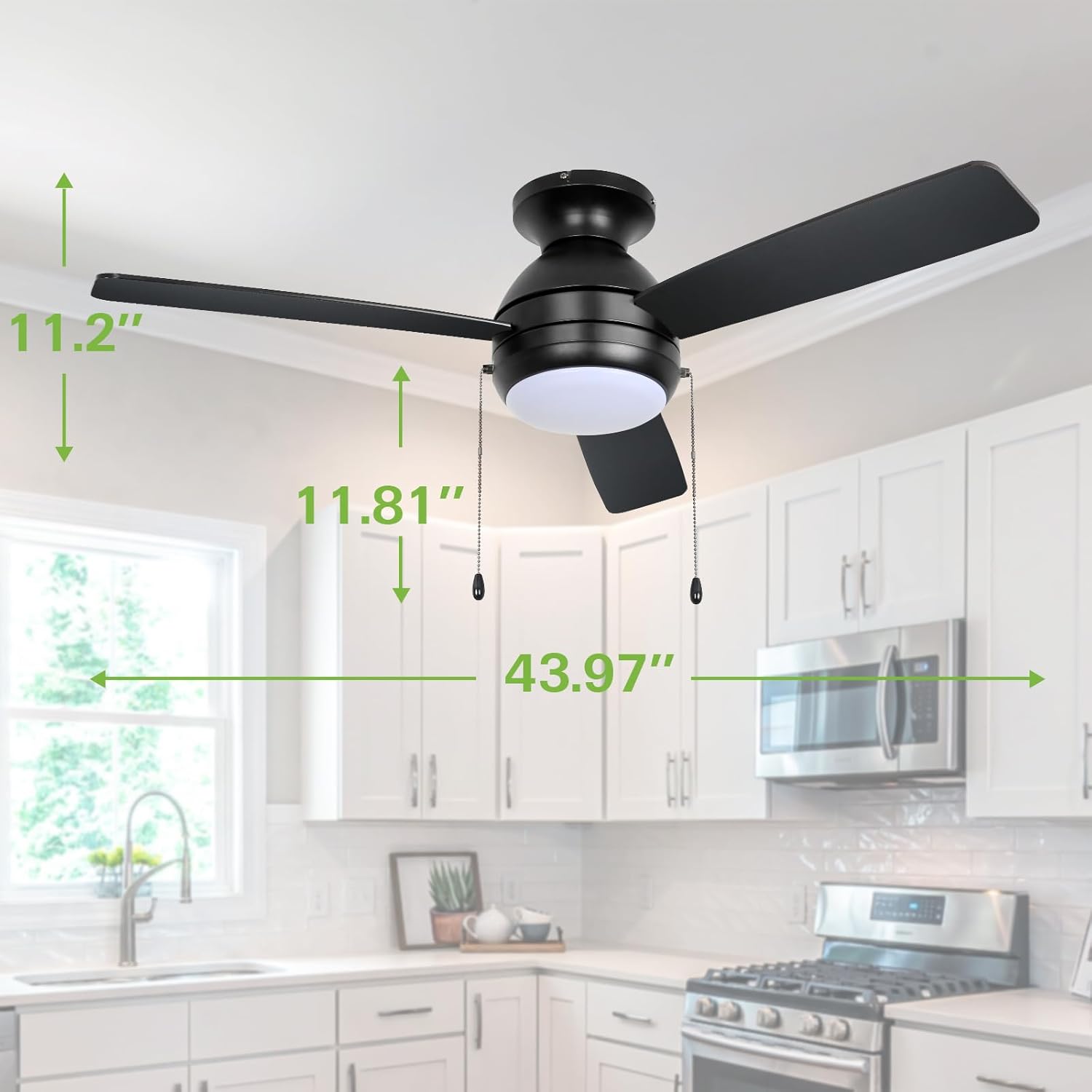 hykolity Ventilador de techo de montaje empotrado de 44 pulgadas con luces LED (3000 K4000 K6000 K), cadena de tracción, motor reversible