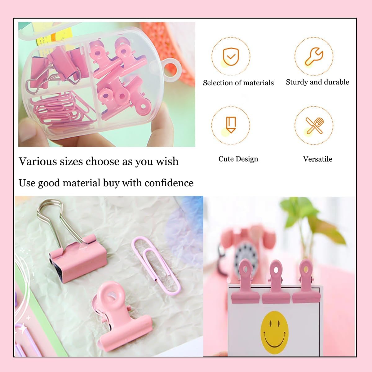 YOWPEY 23 clips rosados para carpeta, clips de metal para bisagra, clips de papel, clips de papel, juegos de clips de papel, varios tamaños para