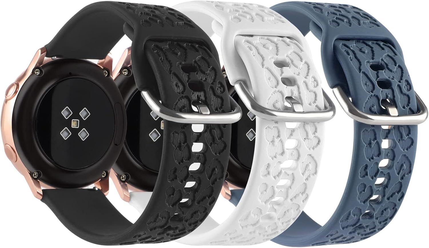 Paquete de 3 correas grabadas de guepardo compatibles con Samsung Galaxy Watch 4 de 1.575in, 1.732in, Watch 3 de 1.614in, Active 2, 1.575in,