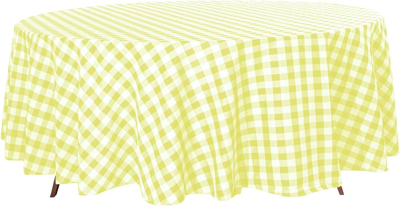 Efavormart – Mantel redondo de 108 pulgadas a cuadros amarilloblanco al por mayor de lino de poliéster a cuadros para restaurante
