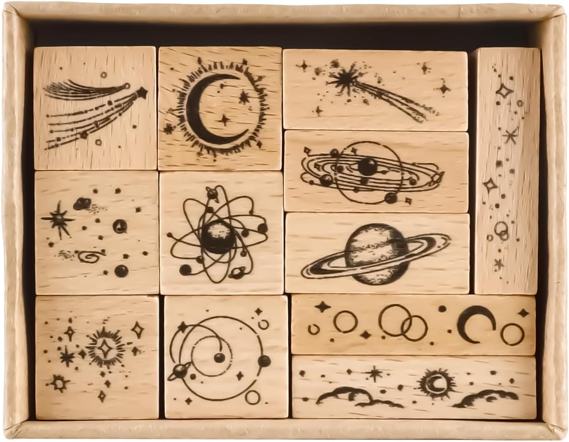 Sello de goma con patrones de plantas de madera, juego de sellos de goma de madera decorativos estrellados para manualidades, tarjetas, álbumes de