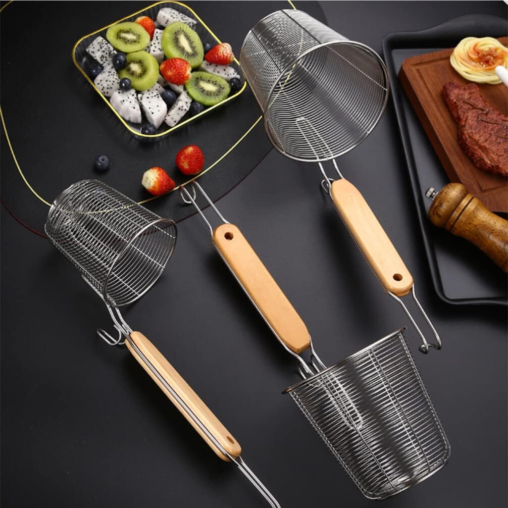 ZzzaNa Cesta de pasta de malla de acero inoxidable con mango de madera, colador de fideos para pasta, cuchara de espagueti, espumadera de cocina,