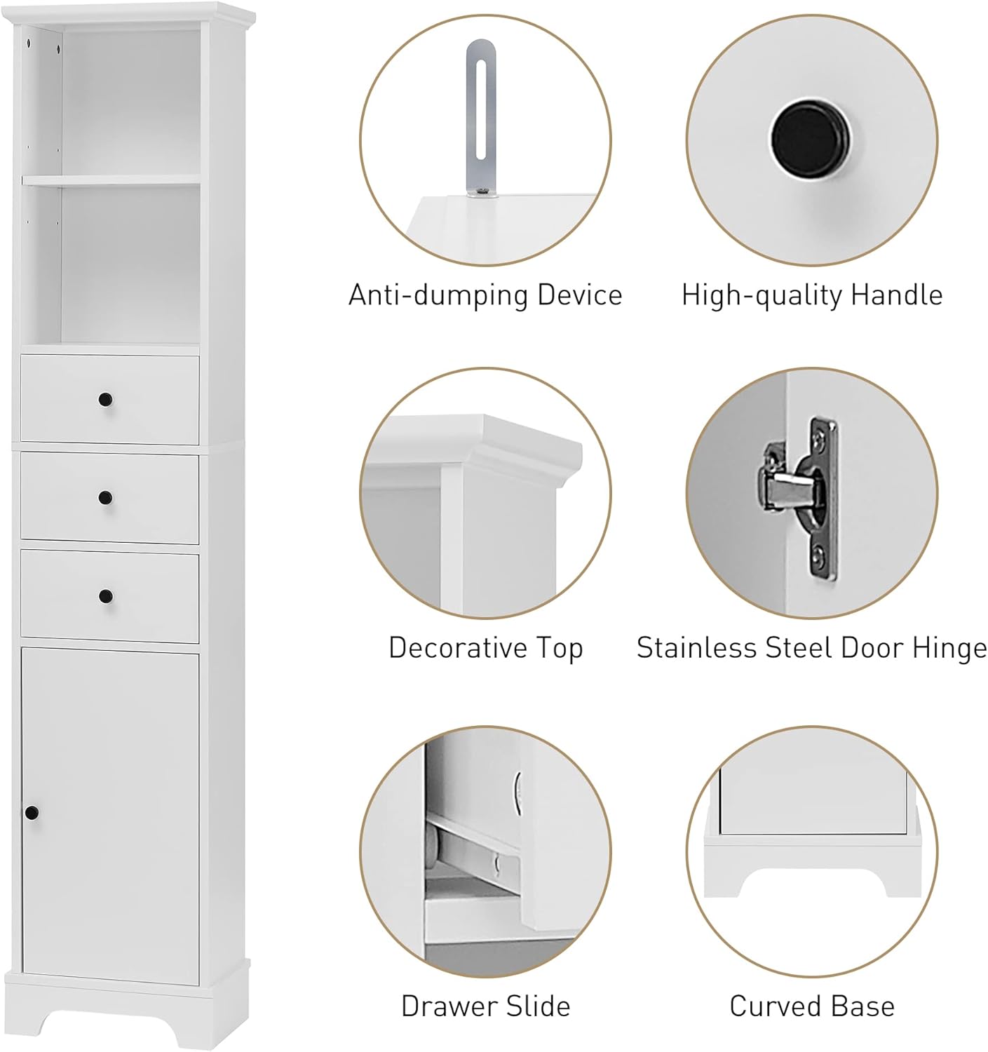 EPOFIT Armario de almacenamiento alto para baño con 4 estantes y cajón de almacenamiento, armarios de baño blancos independientes, gabinete estrecho