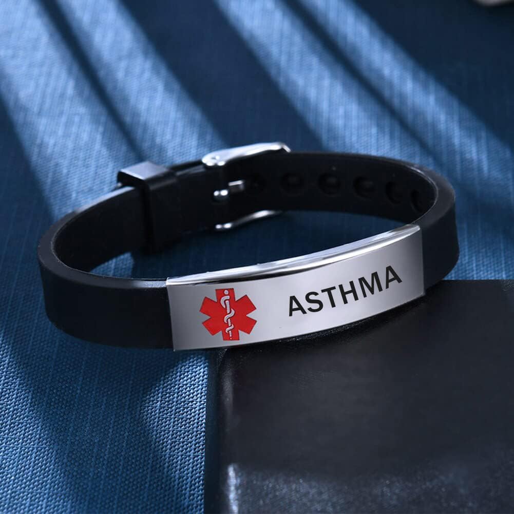 Pulsera de identificación médica grabada con láser, primeros auxilios de emergencia, ajustable, tipo 1acero sin satén, ajustable, pulsera de