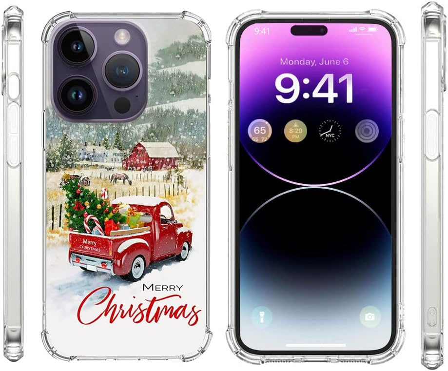 Funda transparente compatible con iPhone 14 Pro Max, diseño de camión rojo de árbol de Navidad, diseñada para mujeres, niñas, adolescentes, cuatro